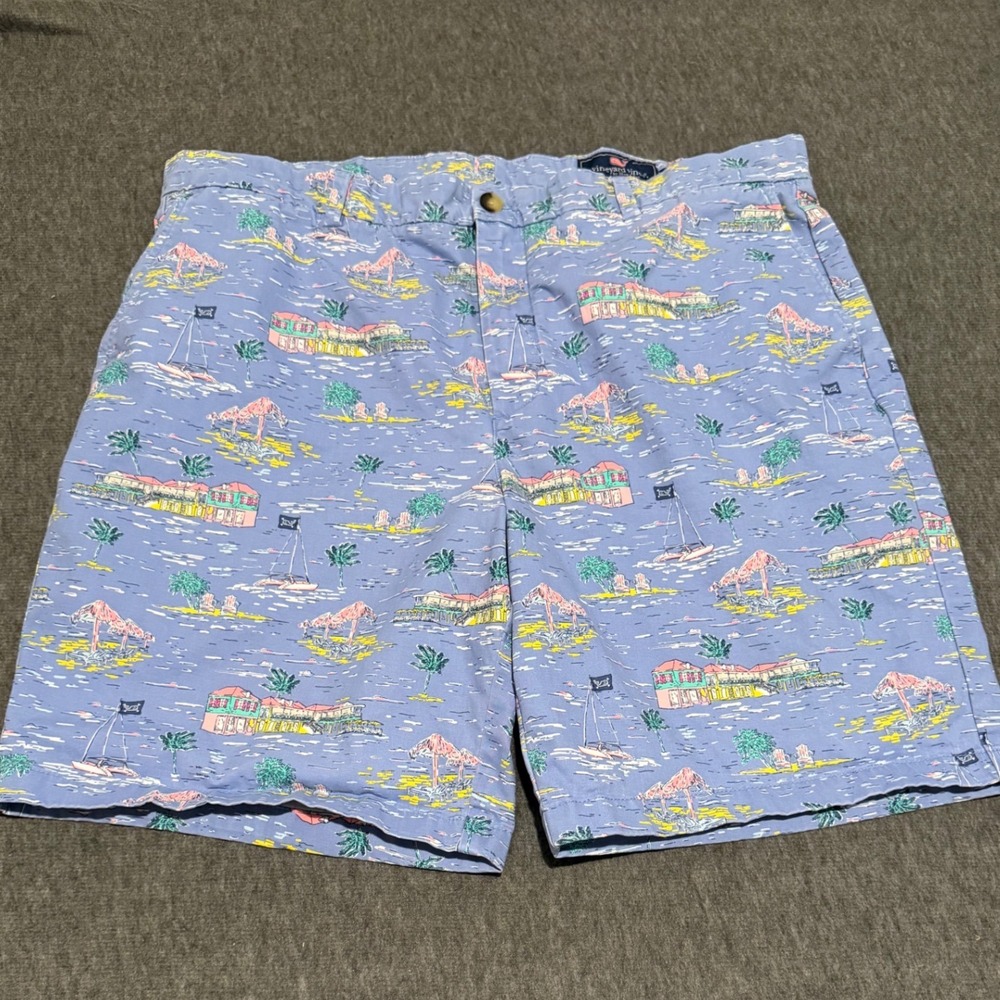 Vineyard Vines Mens 40 Tropical‎ Island Print Shorts Blue Beach Hut Sailboat 9"